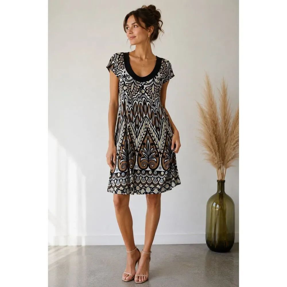 Dressbarn Women’s Printed Shift Dress Size 16 Black Beige Gray Geometric Boho